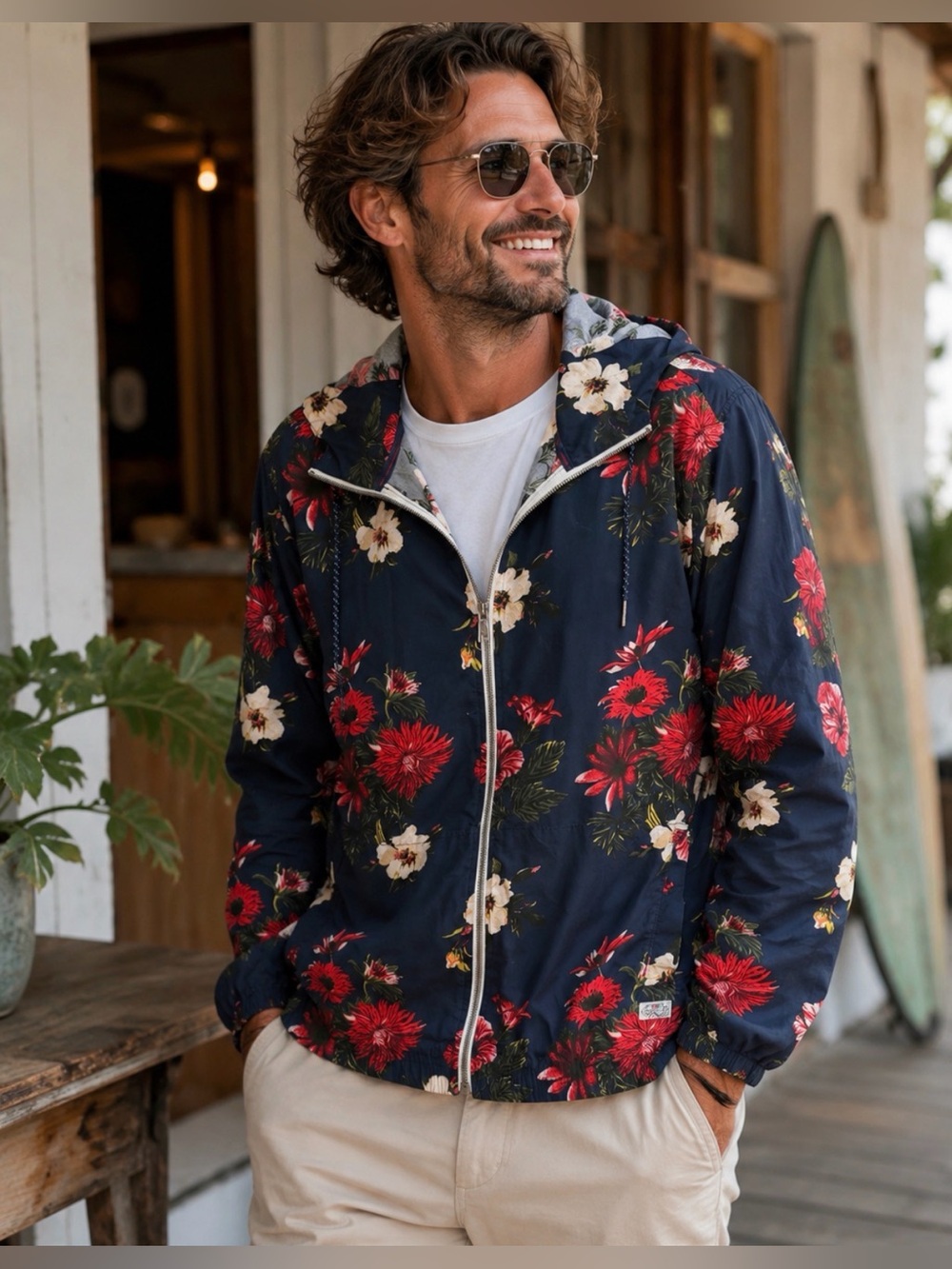 Denim & Flower Ricky Singh Men's Blue Hoodie Jacket Floral Lightweight